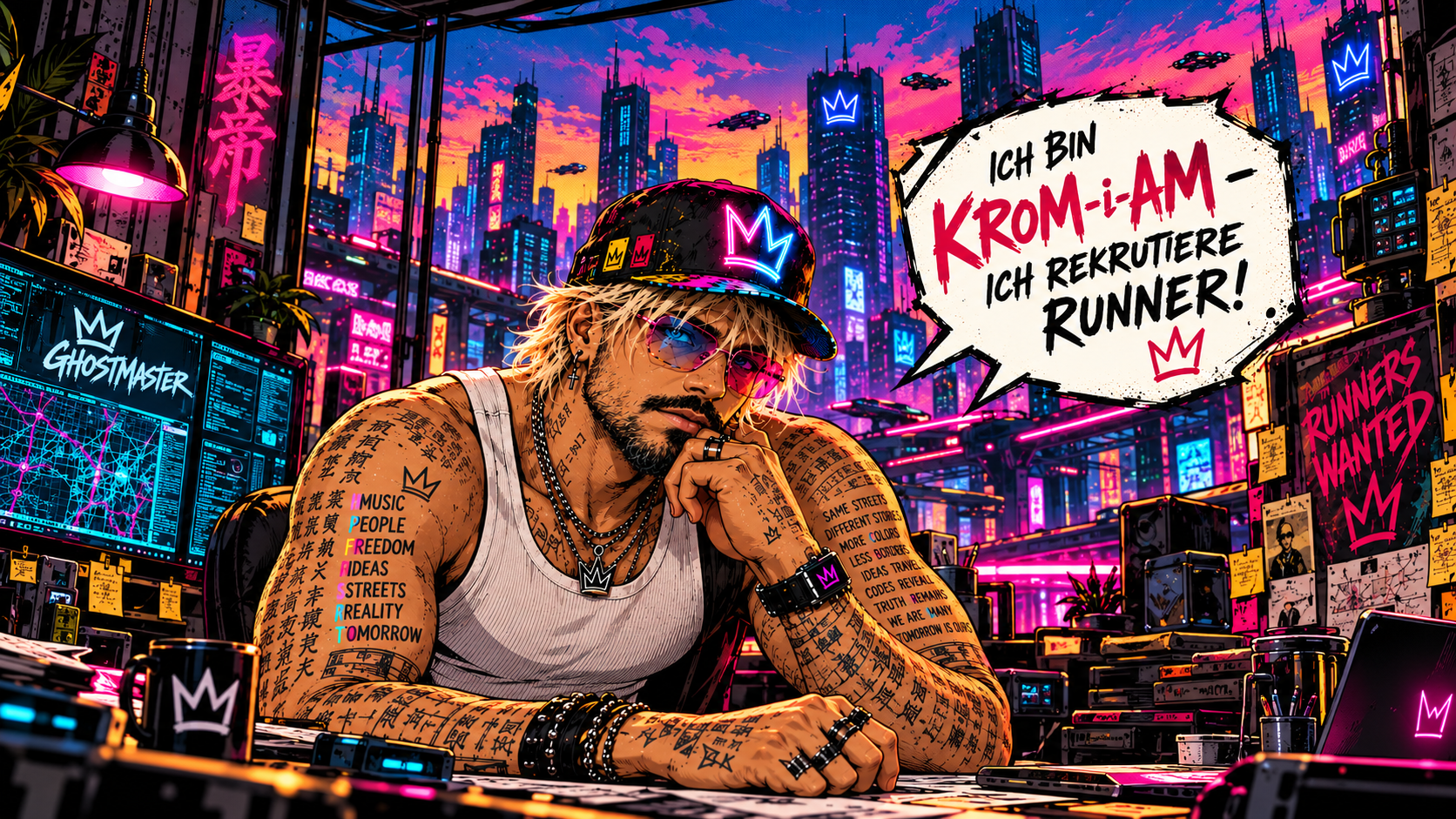 KROM-i-AM im Cyberpunk-Manga-Stil mit der Sprechblase: Ich bin KROM-i-AM – ich rekrutiere Runner!