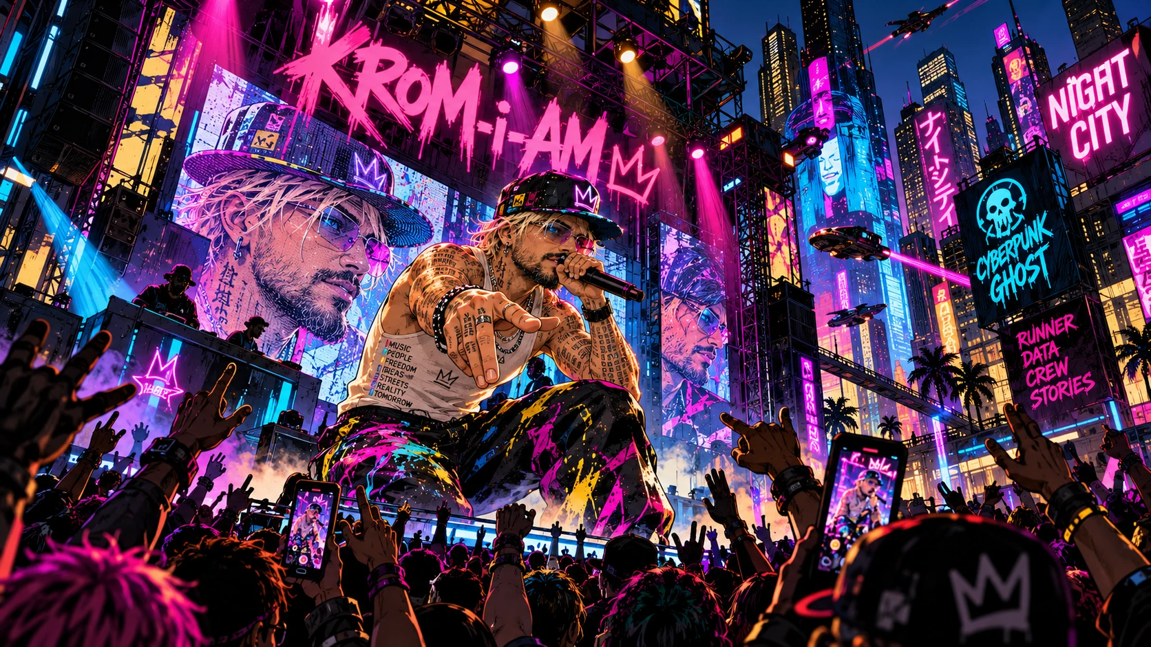 KROM-i-AM blickt in die Crowd auf einer Night-City-Bühne